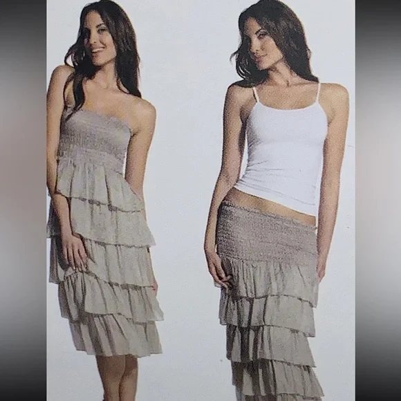 NWOT ELAN Silk & Cotton Tiered Neutral Accordion Smocked MIDI Dress/skirt. Small - Picture 8 of 16